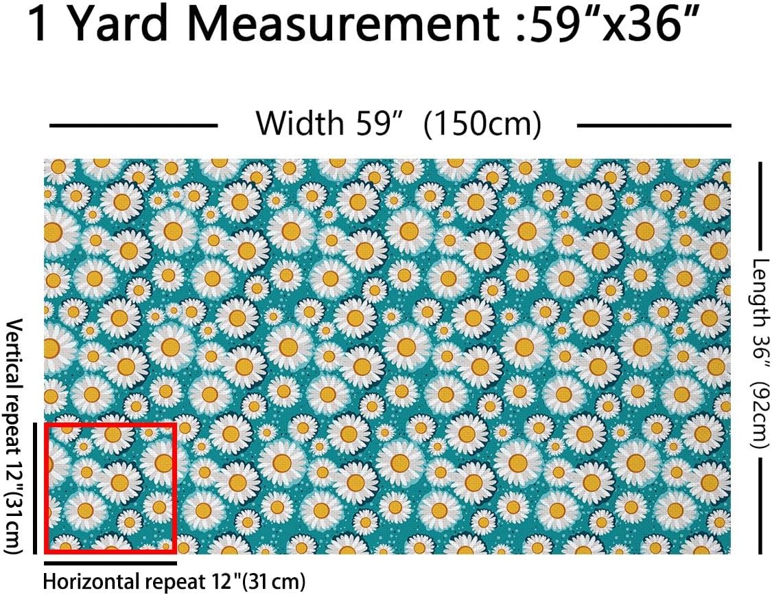 Cartoon Daisy Fabric by The Yard Watercolor Retro Hippie Flowers Decor Fabric for Sewing Supplies Vintage Wild Floral Rustic Style Fabric for Curtain and Home DIY Projects 3 Yards,108"Lx59"W Teal Blue