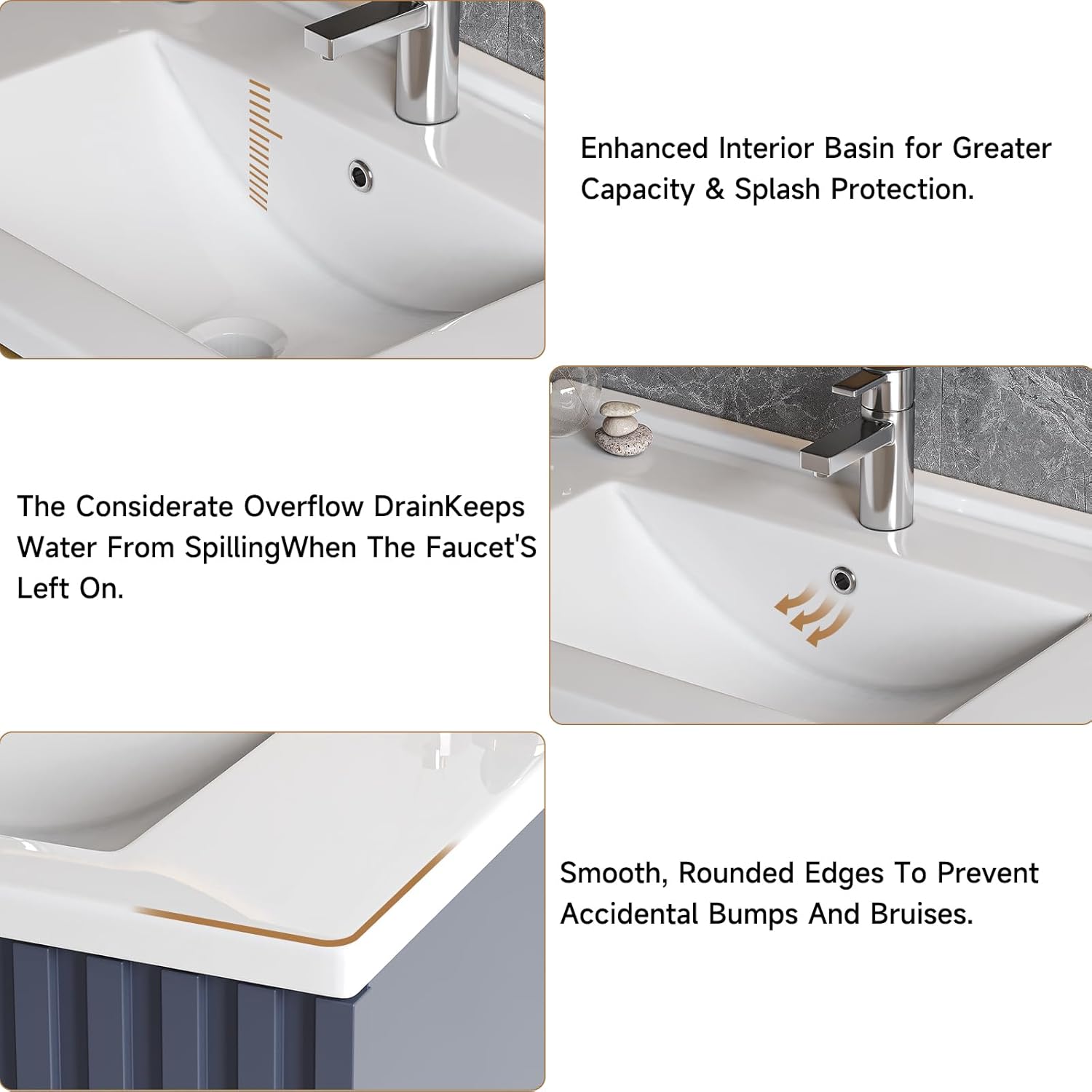 Close-up of the ceramic sink showing enhanced basin, overflow drain, and rounded edges