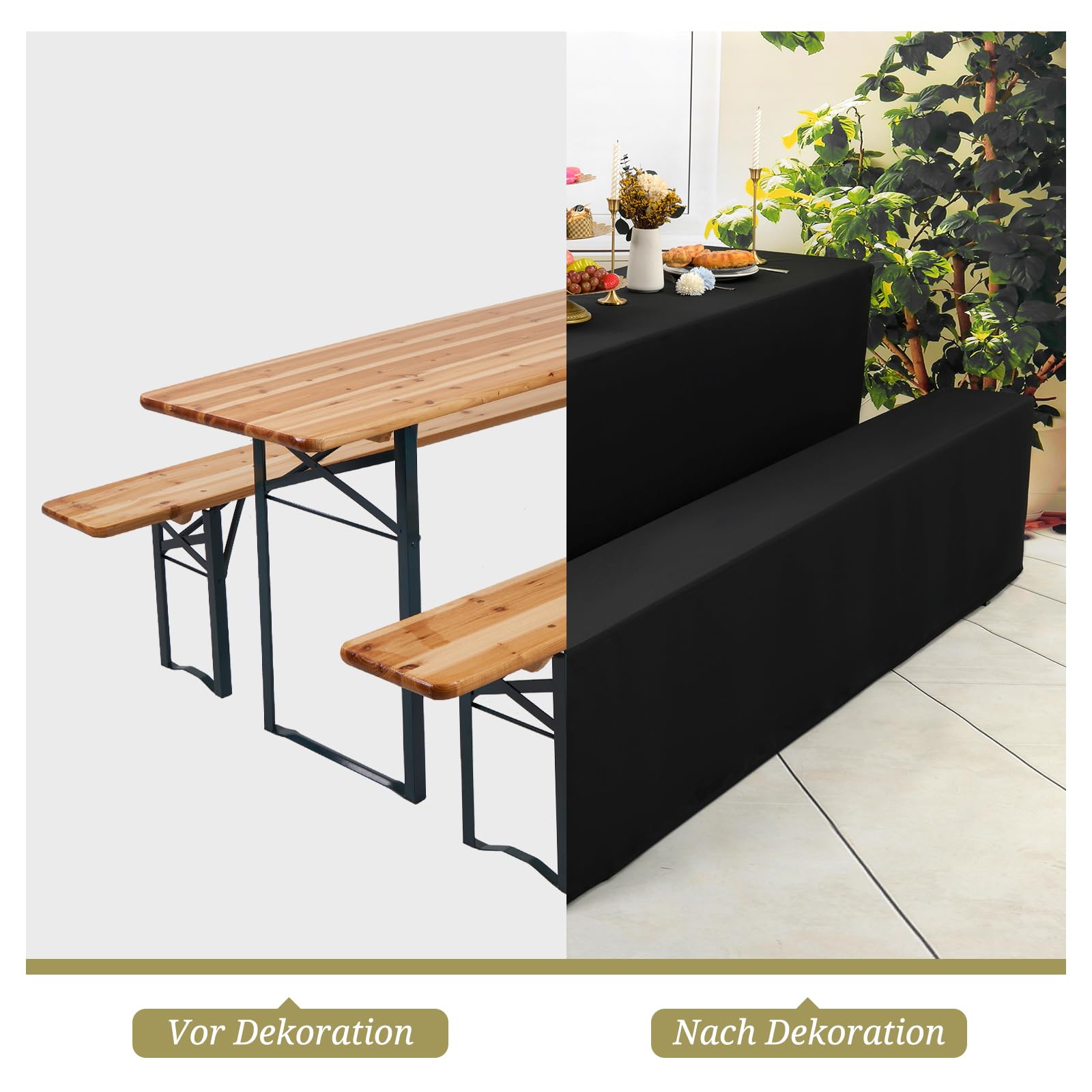 YMHPRIDE 3er-Set Schwarz Biertischhussen Bierbankhusse und Tischdecken, 50 cm Tischbreite,Wasserdicht Bierzeltgarnituren 220 x 50 x 70 cm für Gartenbankett-Gartenmöbel.（3-teiliges Set）
