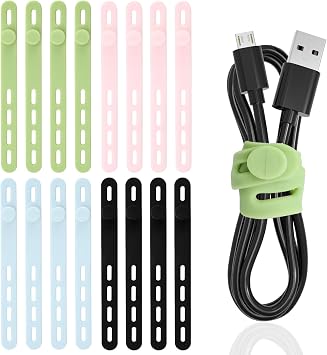 TamBee Silicone Cable Ties Reusable Cable Straps 16pcs Cable Wire Ties Cable Cord Organizers for Earphone Phone Charger Audio Cable Computer 16Pcs, 4 Colors