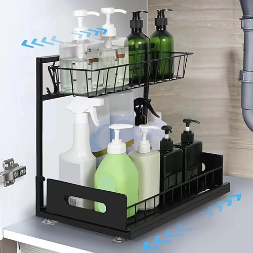 Organizador para debajo del fregadero, organizador deslizante de 2 niveles, organizador de gabinete extraíble multiusos para debajo del fregadero,