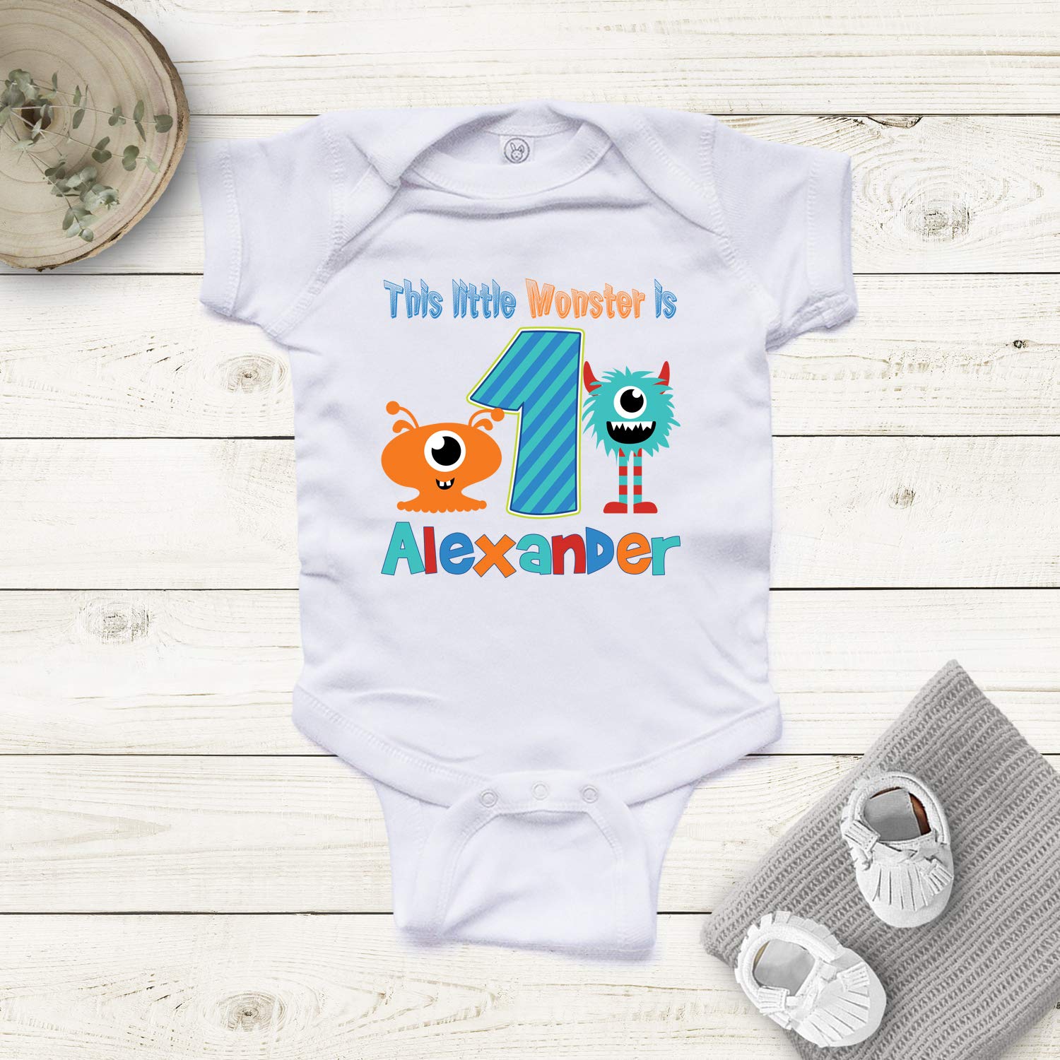 NanyCrafts Baby's This Little Monster Birthday Boy Personalized Baby Bodysuit NB White