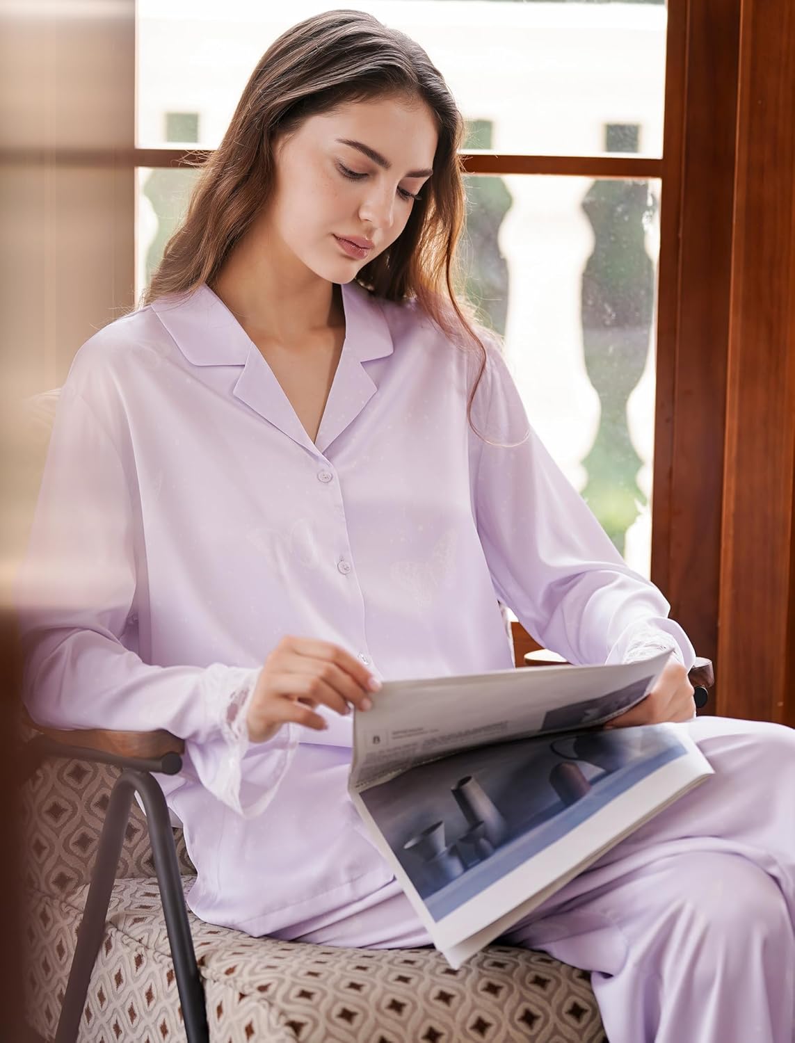 Satin Pajama Set for Women 2 Piece Long Sleeve Button Up Silky PJ Sets Loungewear Soft Satin Sleepwear with Pocket - Image 2