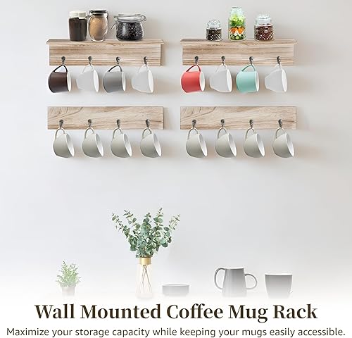 Miniatura 2 de Anjetan Estante para tazas de café montado en la pared, 4 piezas, estante de pared rústico para tazas de café con 16 ganchos y estante de