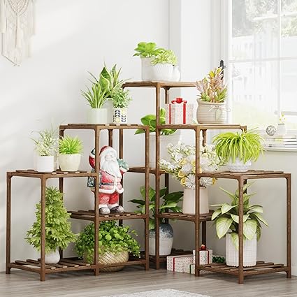 Bamworld Plant Stand Indoor Outdoor Corner Plant Shelf 5-Tier 11 Potted Flower Shelves Wooden Plant Stands Garden Wood Plant Holder Rack for Living Room Corner Lawn Window