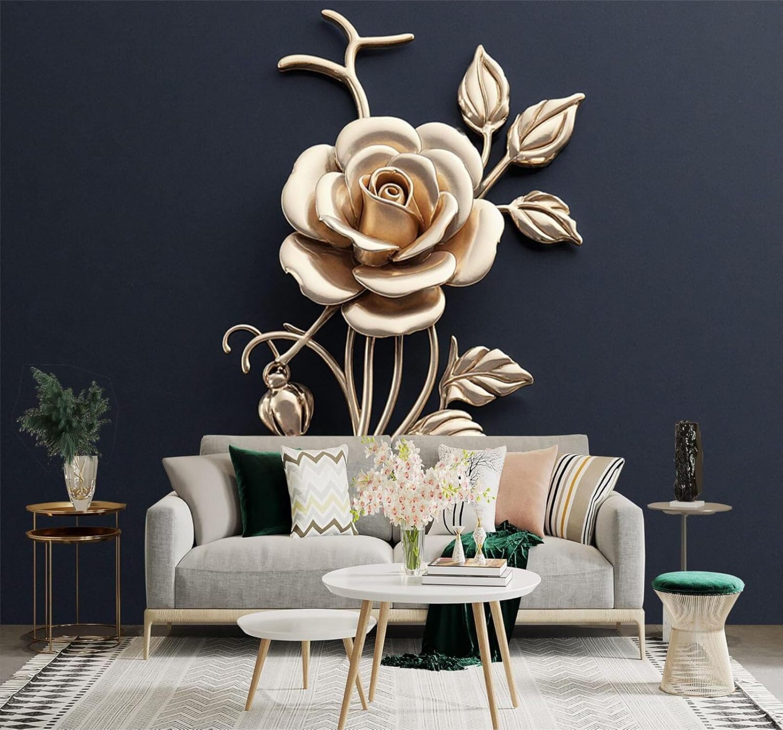 XLMING Minimalist Three Dimensional Gold Roses Dark Blue Background 3D Wallpaper Silky Texture Home Study Office Grey Dining Room Sofa Bedroom Living Room TV Backdrop-400cm×280cm