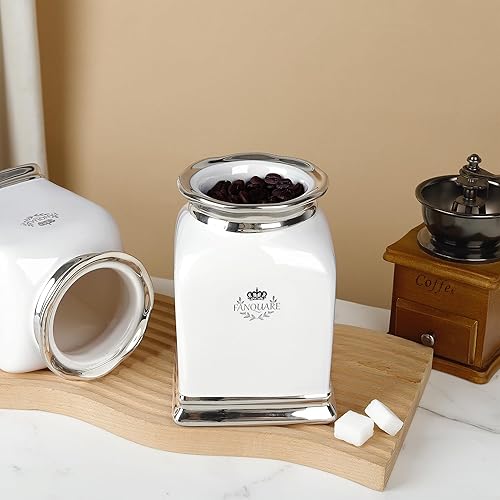 Miniatura 4 de fanquare Tarro de galletas de 30 onzas, juego de 3 recipientes de cocina blancos, tarros decorativos de porcelana de granja para encimera, tarro de