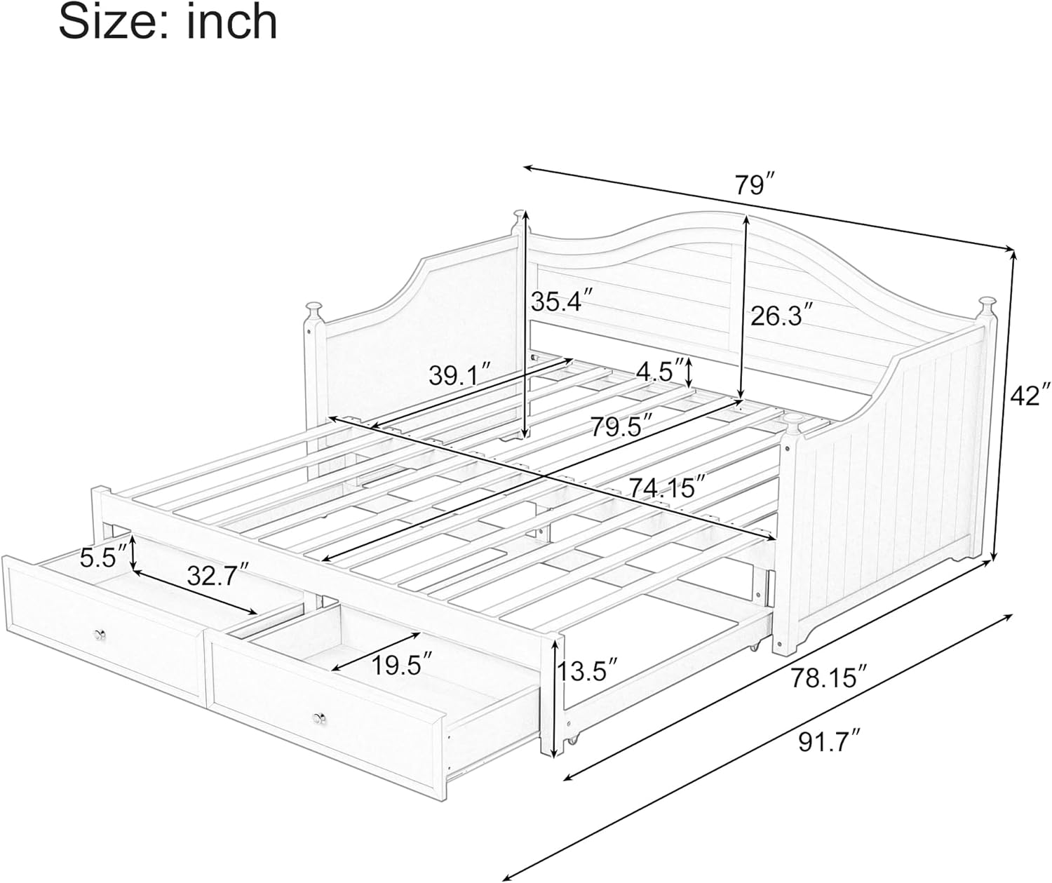 Twin Size Wood Daybed with Pop-Up Trundle, Storage Drawers, Wooden Sofa Bed for Living Room, Guest Room, Small Apartments, Light Grey, 91.7W x 79D x 42H in