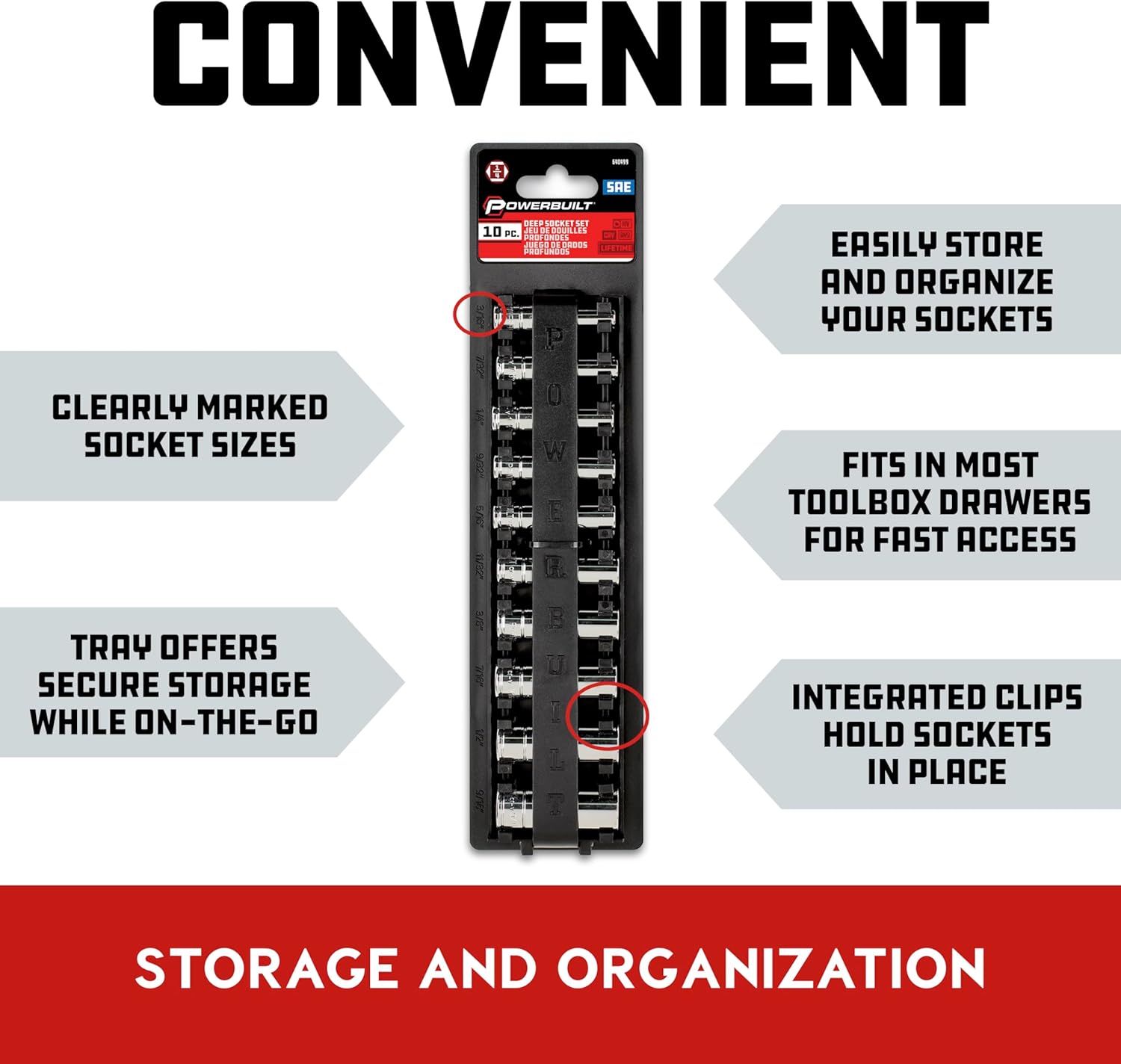 Powerbuilt 10 Piece 1/4 Inch Drive SAE 6 Point Deep Socket Set, Z-Drive Grips, Chrome Vanadium Steel, Meets ANSI Standards - 640499