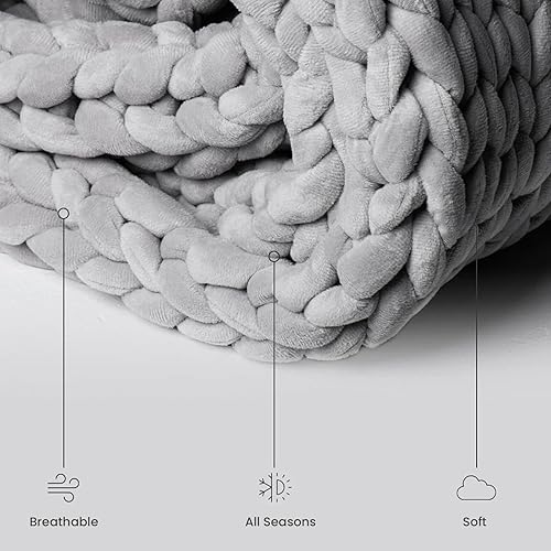 Miniatura 5 de Weighted Idea Manta de punto con peso tamaño Queen (60 x 80 pulgadas, 15 libras, gris claro) Manta gruesa hecha a mano Minky para adultos, suave y