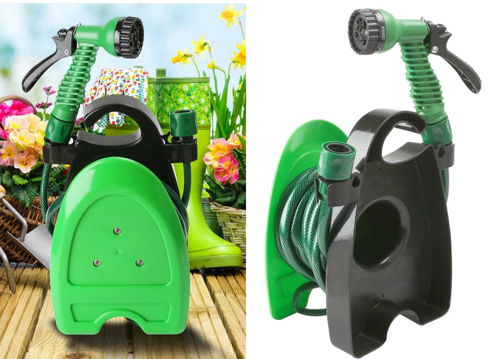 ADEPTNA 10M Garden Hose Reel with 7 Adjustable Spray Gun Nozzles - Hosepipe and Reel Easy Storage for Garden - Compact and Lightweight for Watering