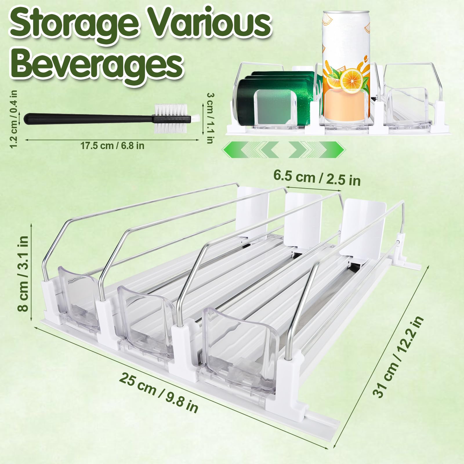 Automático Dispensador Latas Nevera, Organizador de Bebidas, Organizador Nevera, 31 * 25CM, 3 Filas, Incluye 1 Brocha, Ancho Ajustable, Dispensador de Bebidas para Supermercado de Cocina