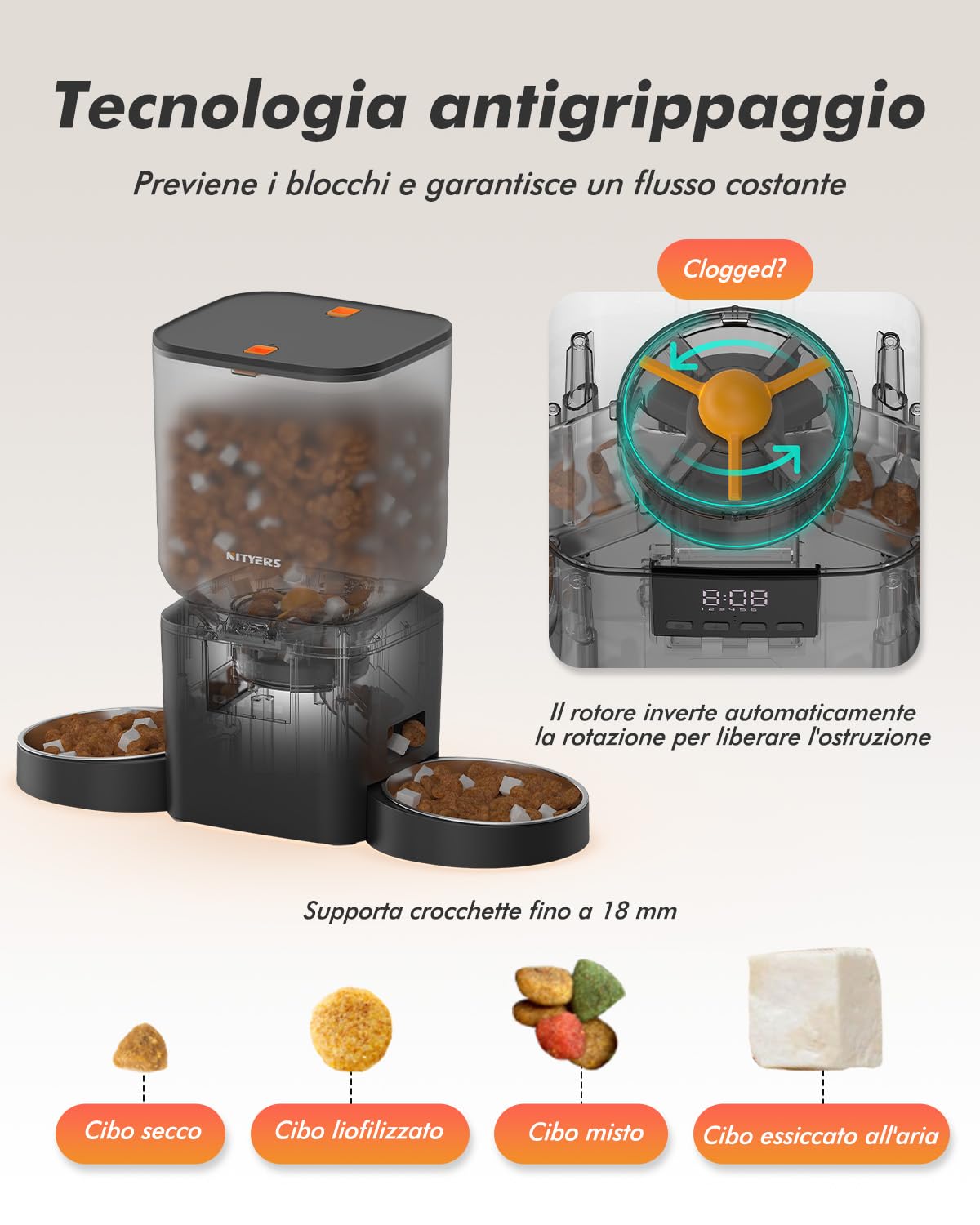 Distributore automatico cibo gatti con 2 ciotole, capacità 8L | croccantini fino a 18mm, senza blocchi, ciotole in acciaio inox, facile da pulire, doppia alimentazione, per più gatti e cani