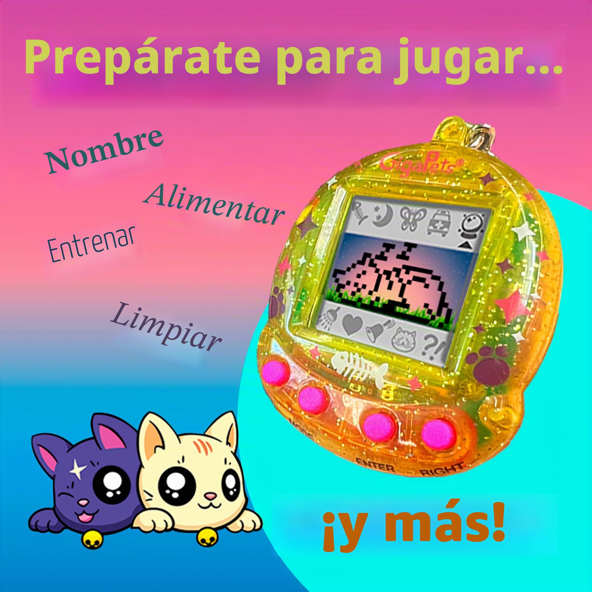 Top Secret Toys Giga Pets CompuKitty & StarCat,Juguete electrónico virtual para mascotas, 2 mascotas, 1 dispositivo, computadora clásica de los años 90, mascota 3D Live in Motion