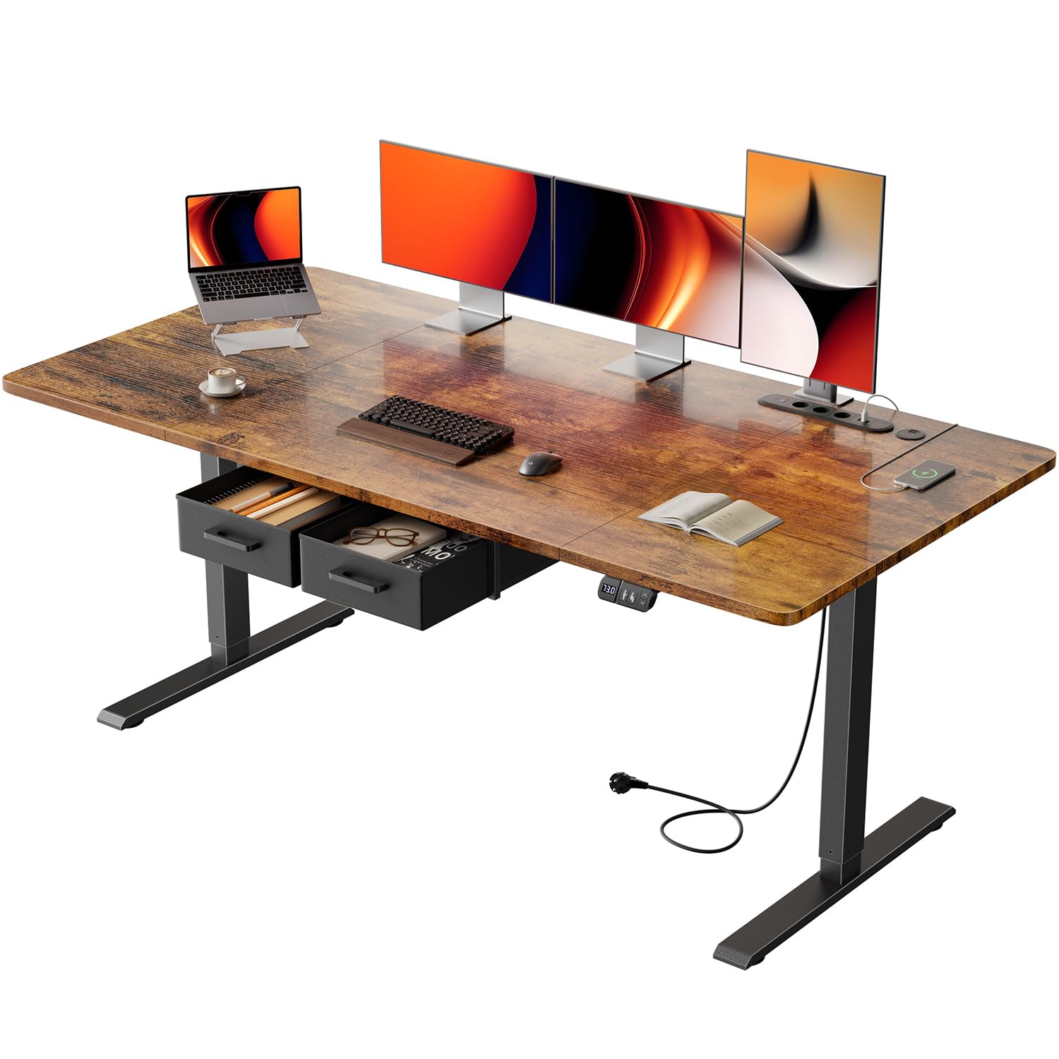 HLONONE Höhenverstellbarer Schreibtisch, Standing Desk mit Schubladen, Elektrisch