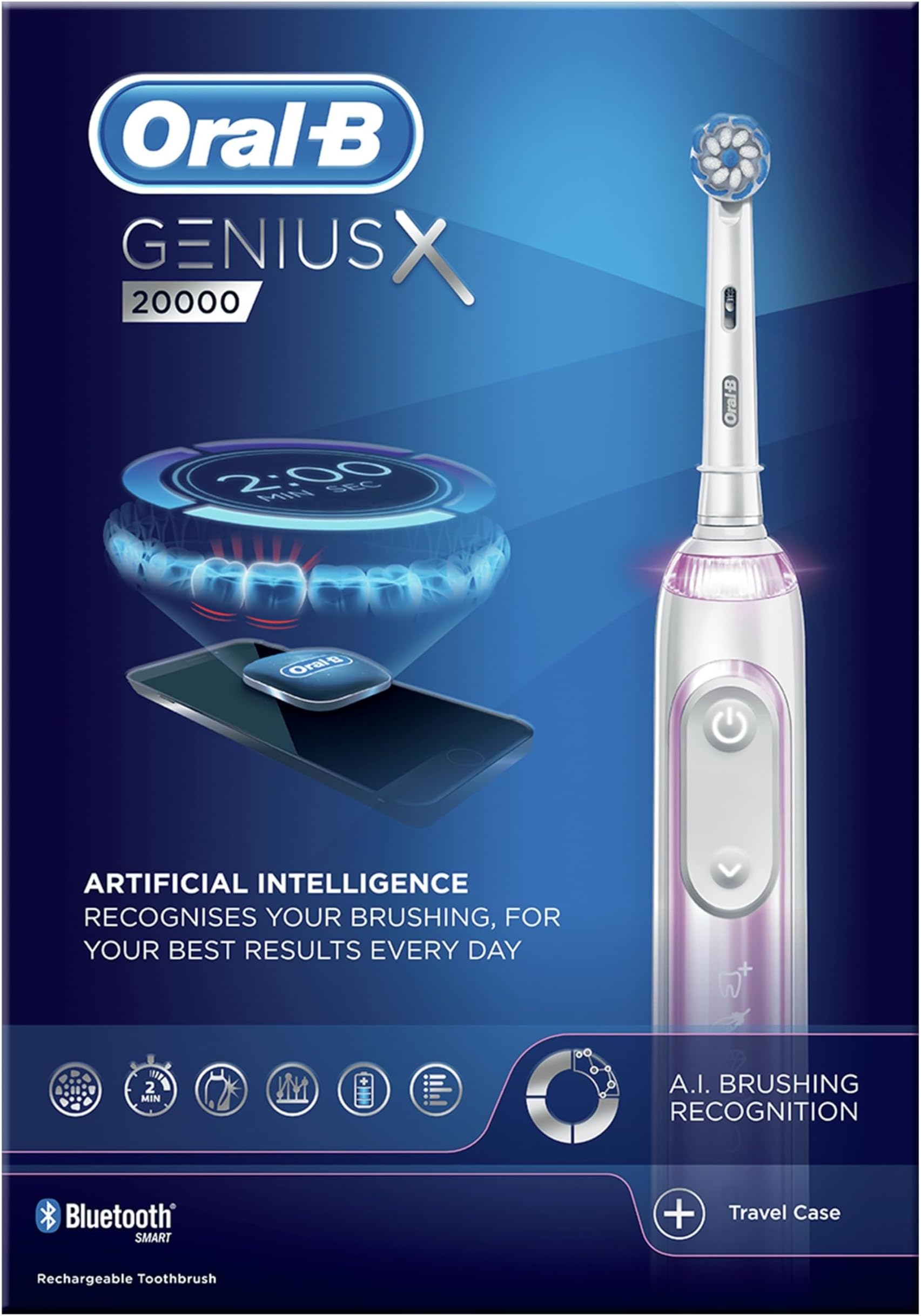 Genius X with Artificial Intelligence Blush Pink Electric Toothbrush, 1 Toothbrush Head, 6 Modes, Gum Pressure Sensor, USB Charging Travel Case, UK 2 Pin Plug, Gift for Men/Women