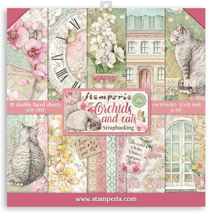 STAMPERIA INTERNATIONAL, KFT SBBL81 Scrapbooking Block 10 Blätter cm 30,5×30,5 Orchideen und Katzen, 30.5cmX30.5cm, Verschieden