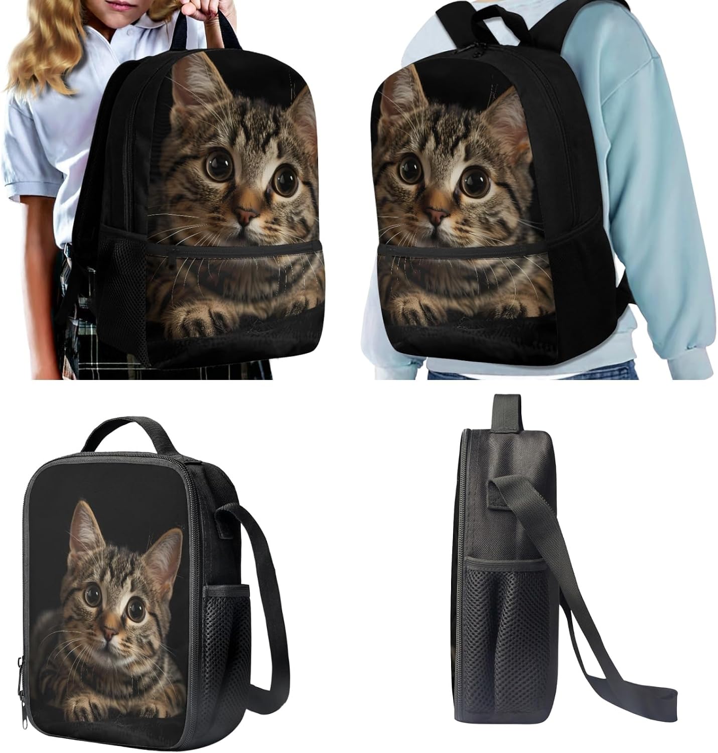 Animal Cat School Bag Set 2 Piece Shoulder Bookbag with Small Insulated Food Container Box for Middle School Students Gifts