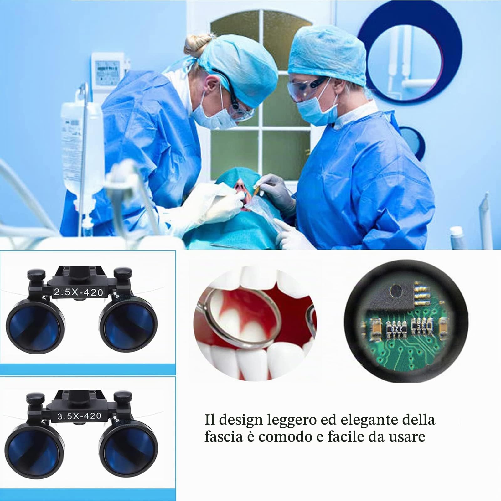Lenti d'Ingrandimento Dentali 2,5X / 3,5X, Lenti d'Ingrandimento Binoculari Chirurgiche + Luce Frontale A LED da 5W, Portatili Ultraleggere, Attrezzatura da Laboratorio per Dentista,Blue-3.5X