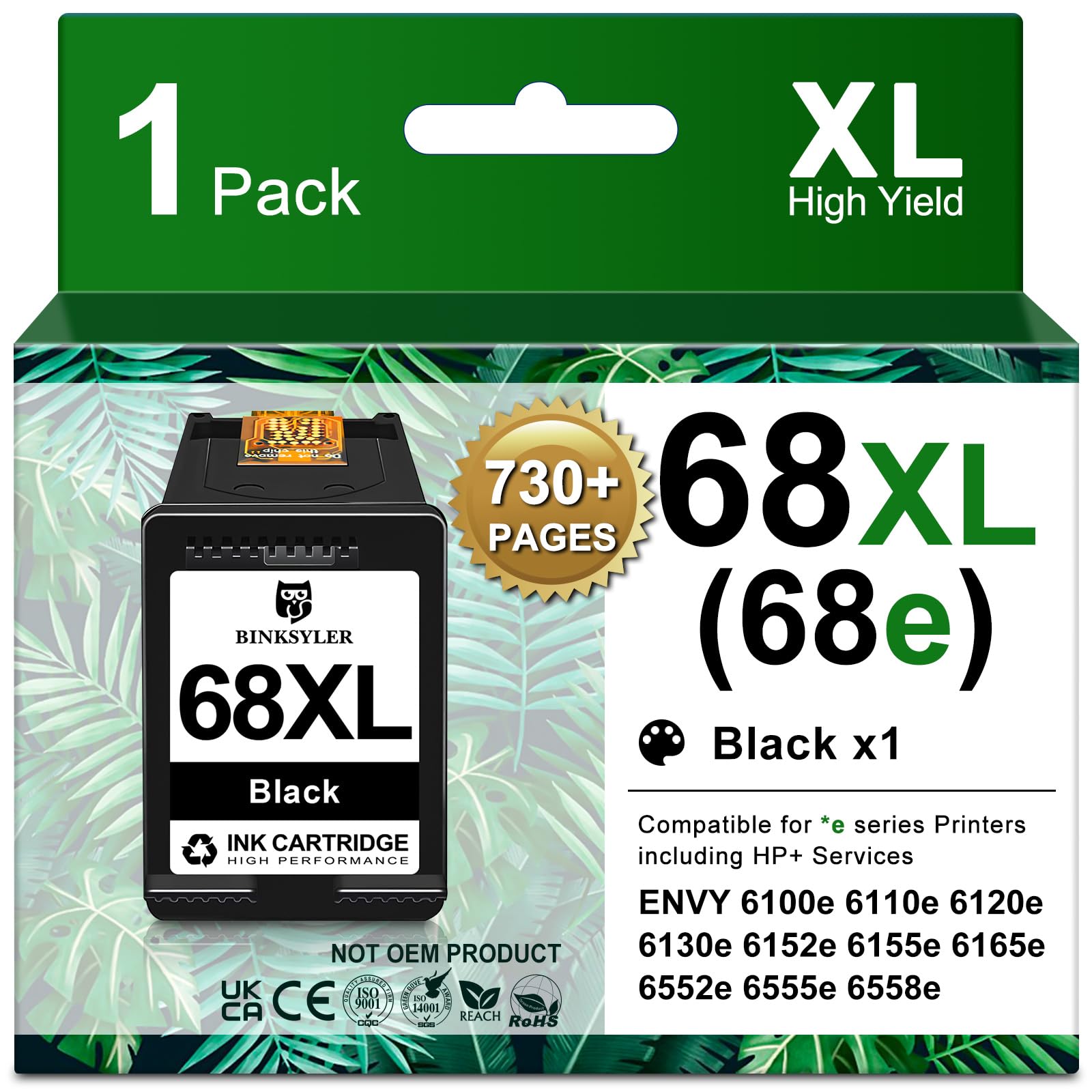 Photo 1 of BINKSYLER 68XL 68e Ink Cartridges Black x1 Compatible for HP 68XL 68e 68 Ink, High Yield 730 Pages Work for Envy 6555e 6155e 6552e 6558e 6152e 6165e 6100e 6500e 6110e 6120e 6130e Printers