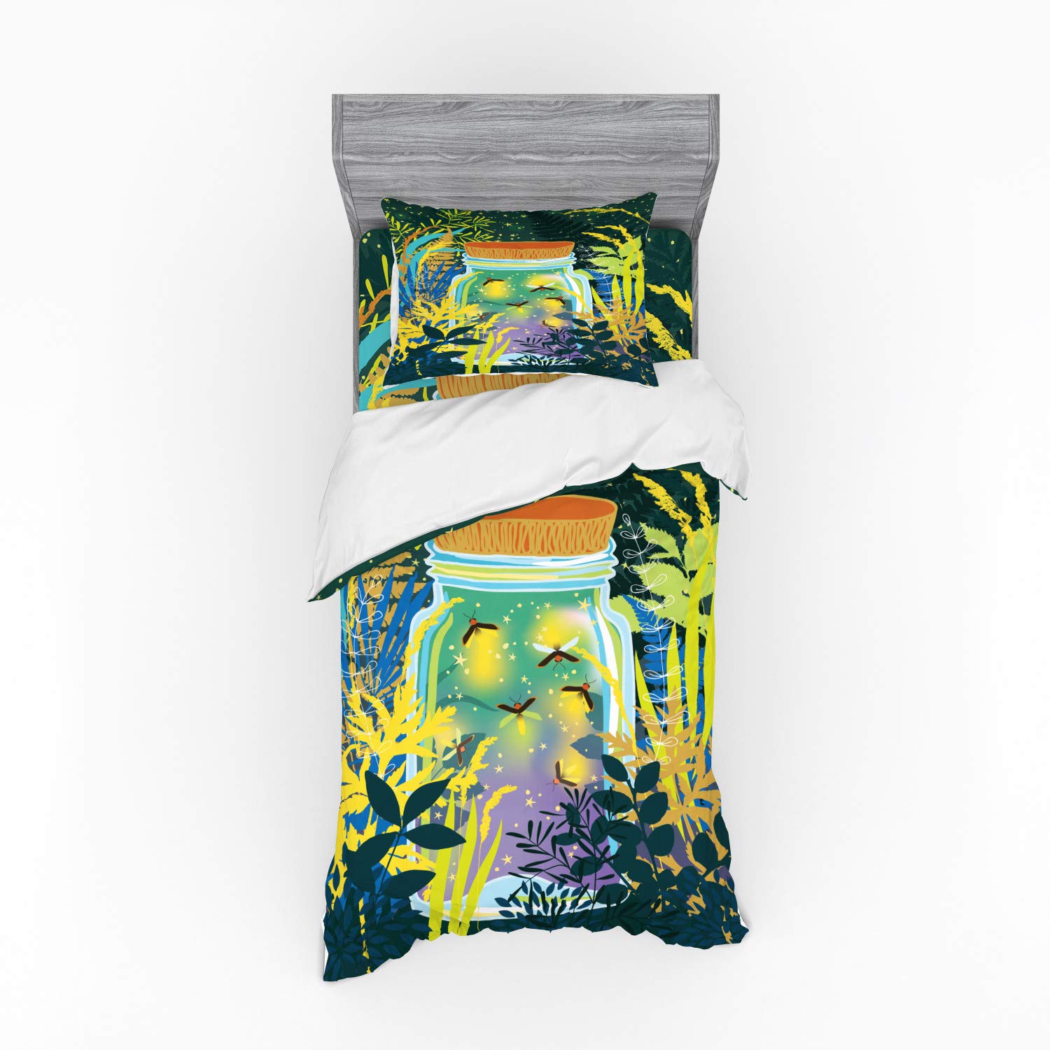 Ambesonne Firefly Bedding Set, Surreal Forest Landscape with Magic Bugs in The Glass Jar Ferns Trees Woodland, 3 Piece Duvet Cover Set with Sham and Fitted Sheet, Twin XL Size, Multicolor