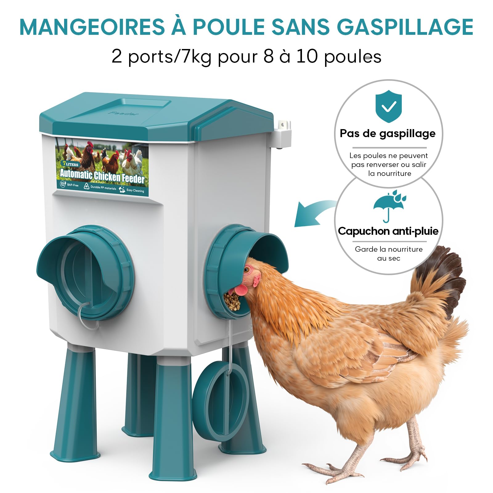 CHAMUTY 7kg Mangeoire Poule Automatique avec sans Gaspillage 2 Ports, Mangeoire Automatique Poule pour Poulets, Canards, Oies, Oiseaux