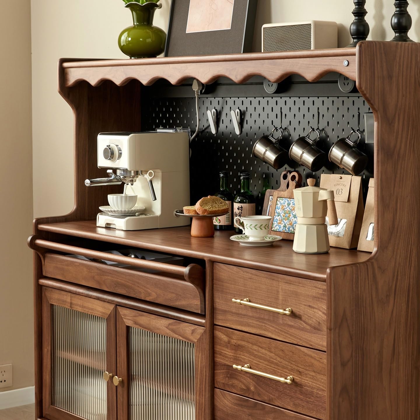 Armadio a buffet Credenza in noce nera per bar ristorante, caffetteria, armadio portaoggetti in stile giapponese, soggiorno, ingresso, corridoio, credenza per mobili decorativi (120 x 45 x 140 cm)