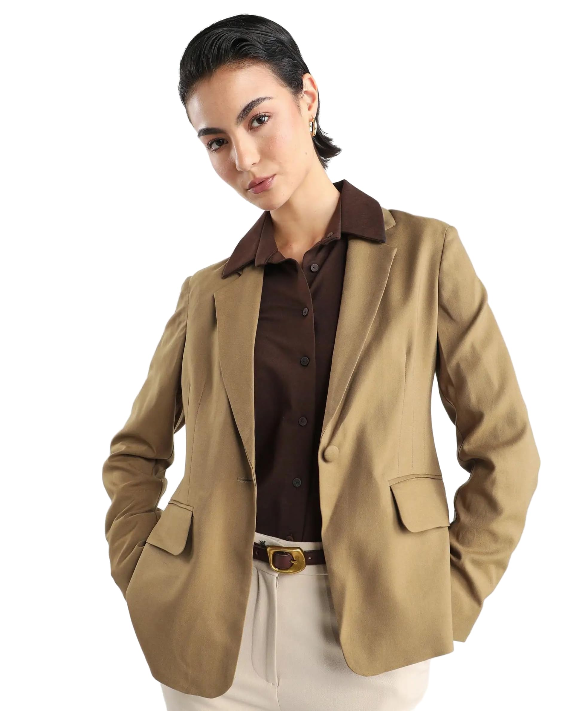 rareism Women Regular Fit Solid Dark Khaki Polyester Notch Lapel Blazer-picture-23