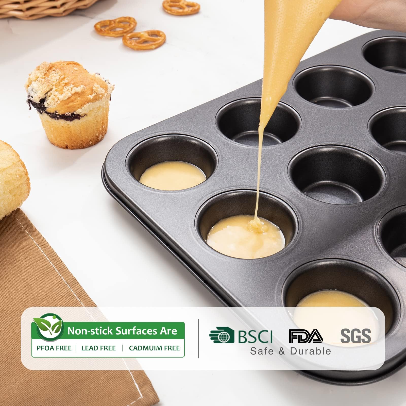 HONGBAKE Blacha do muffinów nieprzywierająca, 12 filiżanek i mini foremki do chleba, 8 wnęk, foremka na babeczki do pieczenia i mała taca na chleb bananowy - szara