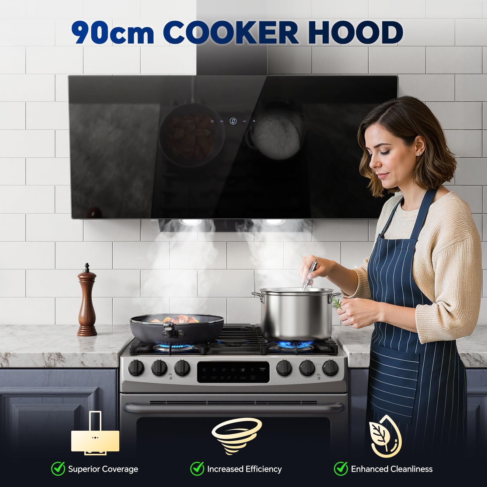 TopStrong Cooker Hood 90cm, 600 m³/h Extractor Fan kitchen, Wall-Mounted Extractor Hood, A++ Energy Efficiency, Touch Control, 58 dB, Recirculating & Ducting System, Black - 4