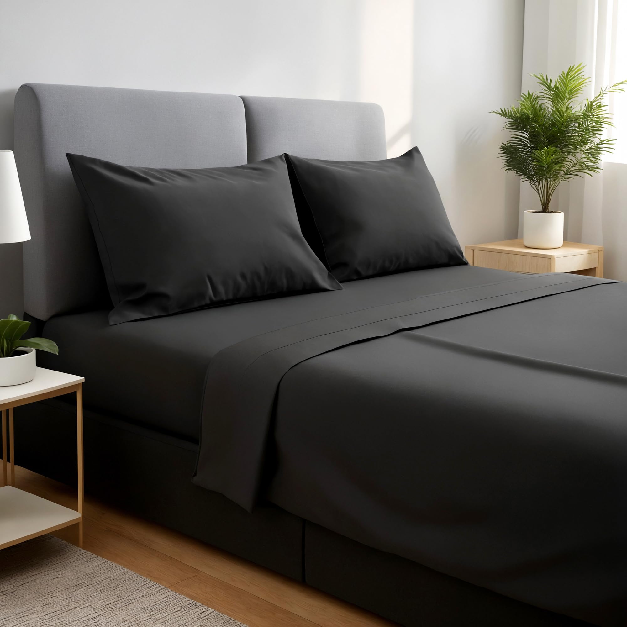 gobedreams Juego de Sábanas 4 Piezas 150x190/200. Sábanas de Cama de Poliéster Microfibra cepillada. Sábana Plana, Sabana Bajera Ajustable y 2 Fundas de Almohada. Color Negro