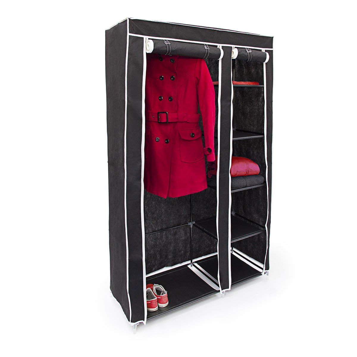 Relaxdays Stoffschrank, mit Kleiderstange & 5 Fächern, HBT: 174 x 107 x 42,5 cm, stabiler Faltschrank mit Bezug, schwarz