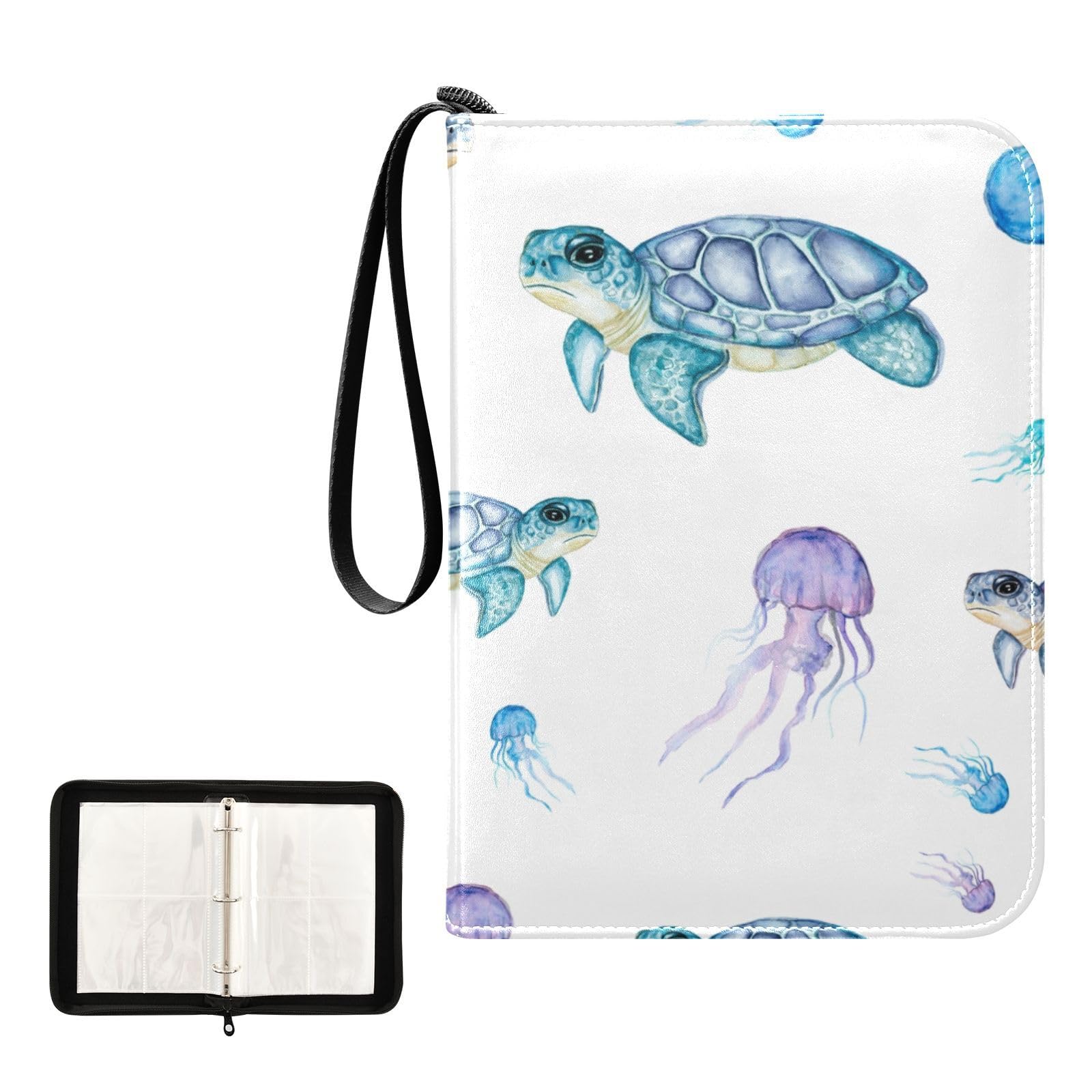 Oyihfvs Seamless Watercolor Hand drawn Sea Turtles Jelly Fishes on White PU Leather Card Storage Bag, With Zipper Waterproof 50 Pages 400 Slots Card Bag for Students Home School 15.74 x 9.64 inch