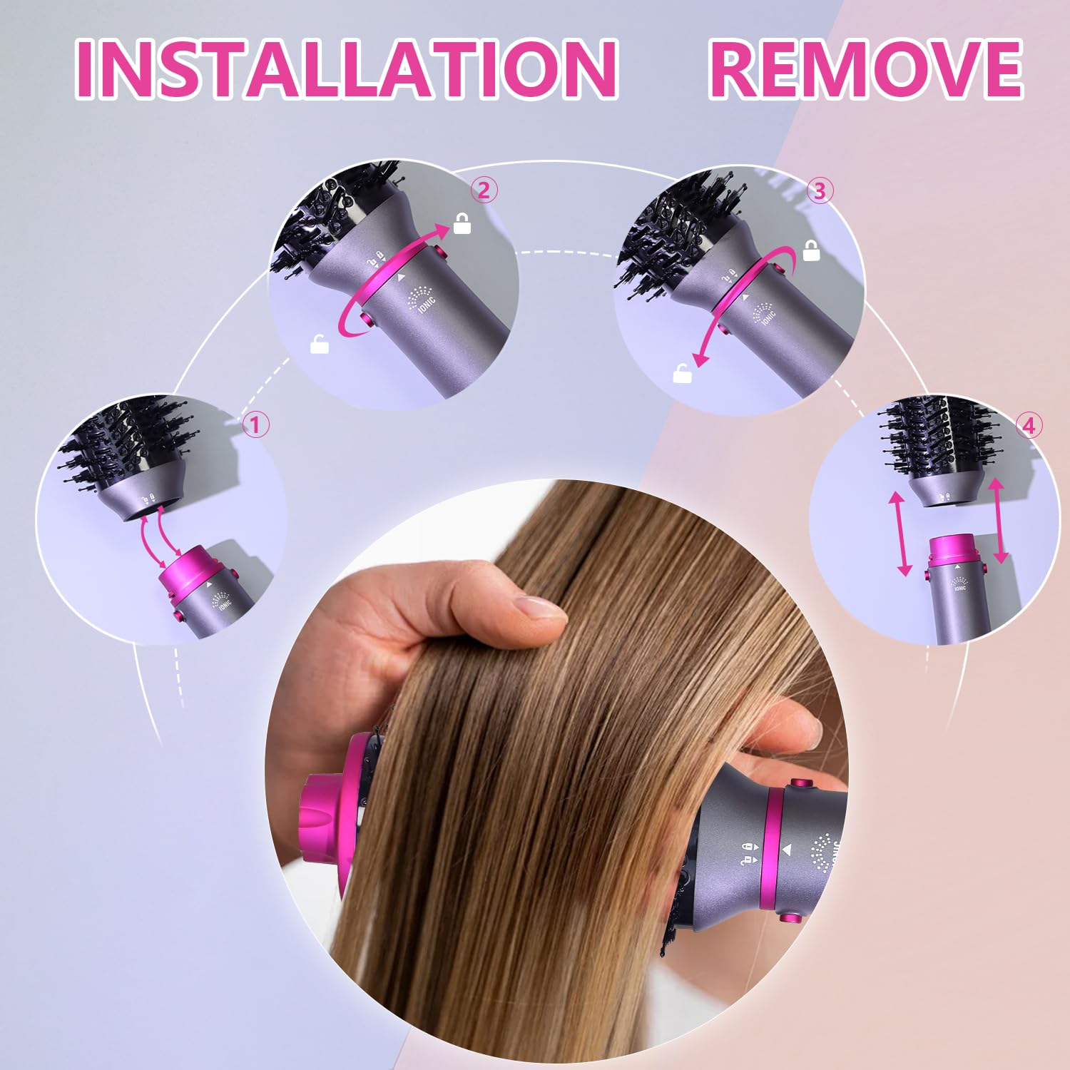 Haartrockner-Bürste, 4-in-1, Blasbürste, abnehmbarer Haartrockner mit negativen Ionen, mit Diffusor, Heißluftbürste, mit Glättbürste für Frauen, Friseur zu Hause Gri