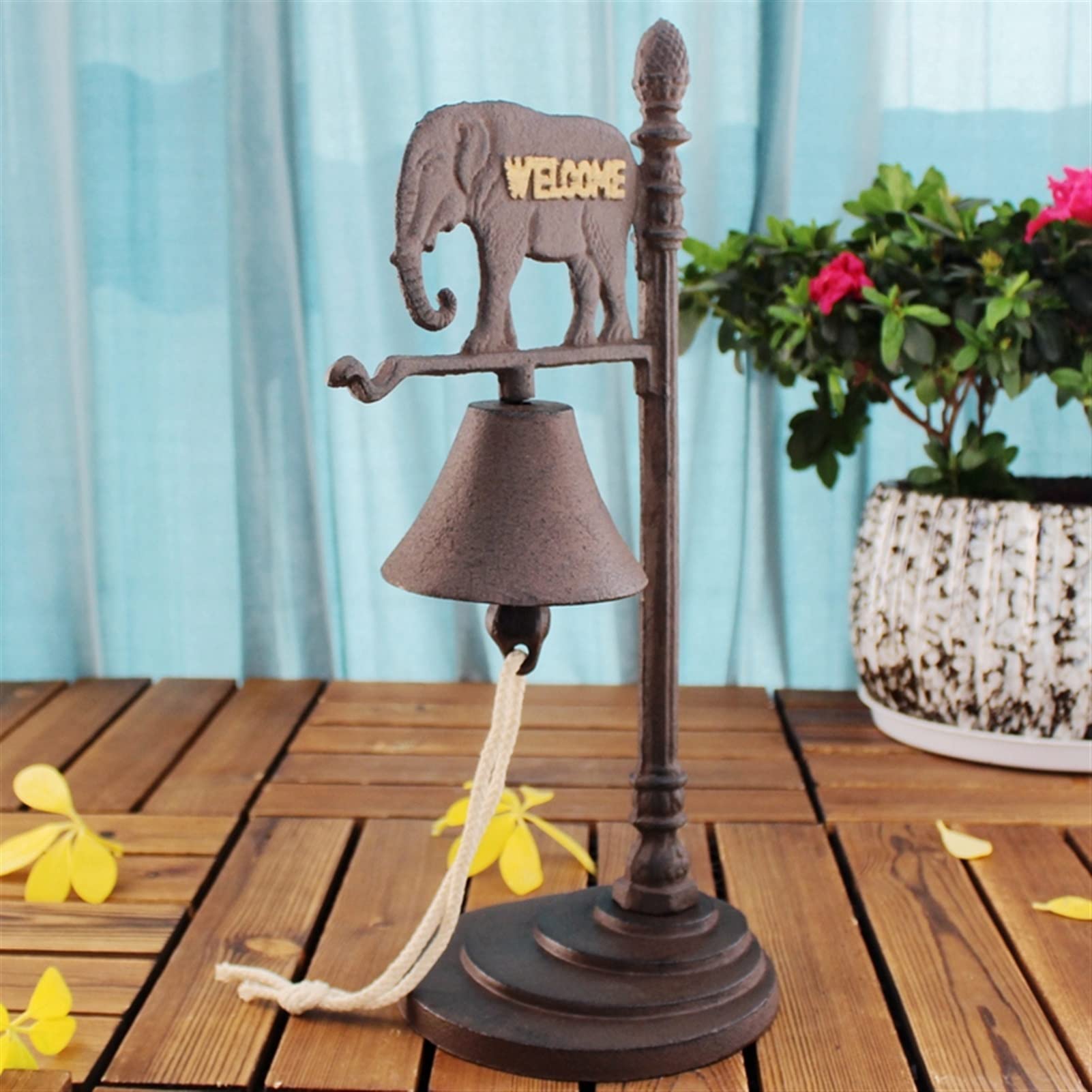 Timbre de puerta de hierro fundido Campanas de puerta Colgando Campana de servicio de mesa de elefante de hierro fundido vintage con carteles de bienvenida dorados en la barra de café europea Campanas