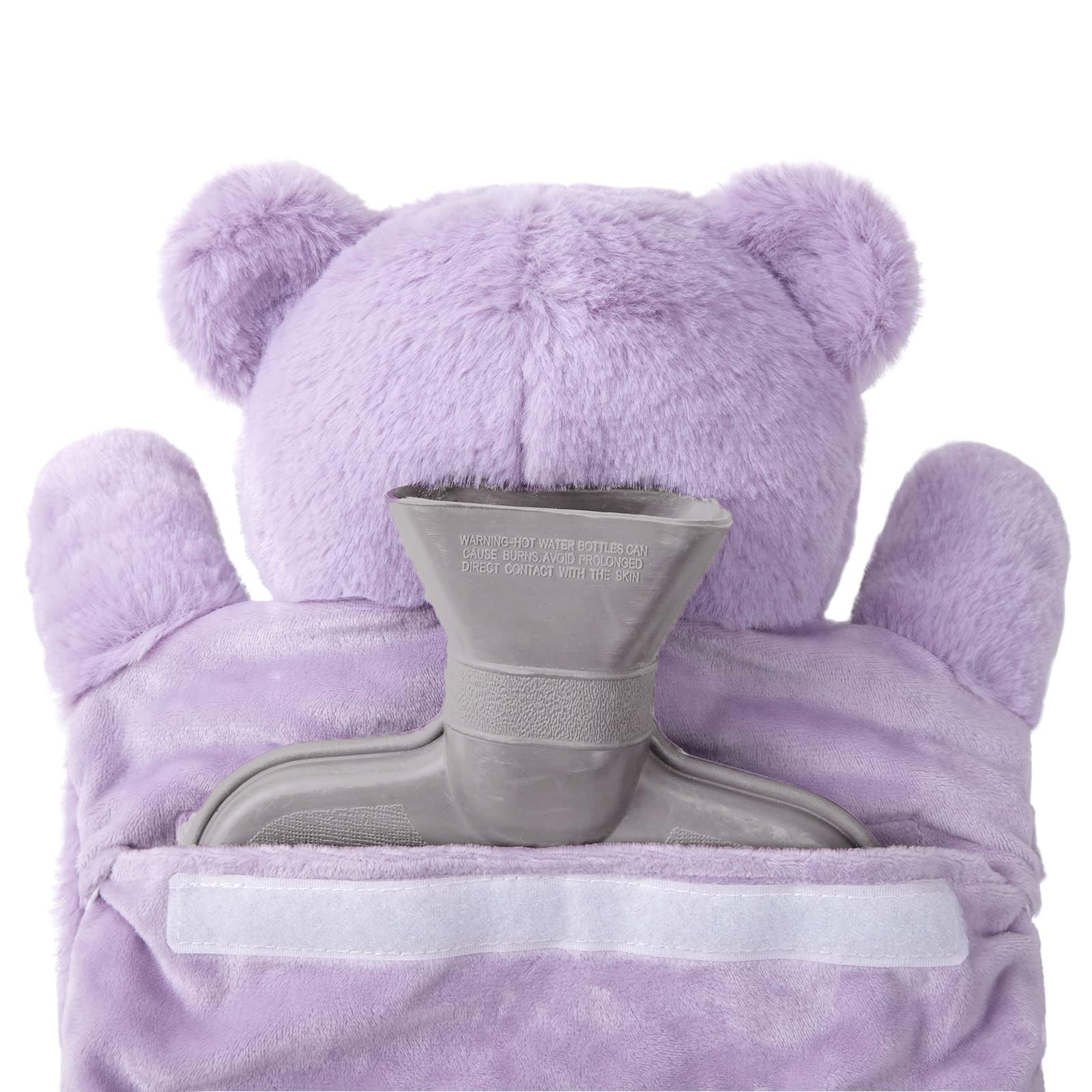 HomeTop Borsa dell'acqua calda o fredda in gomma di alta qualità con simpatico orsetto imbottito (2 litri, viola lavanda)
