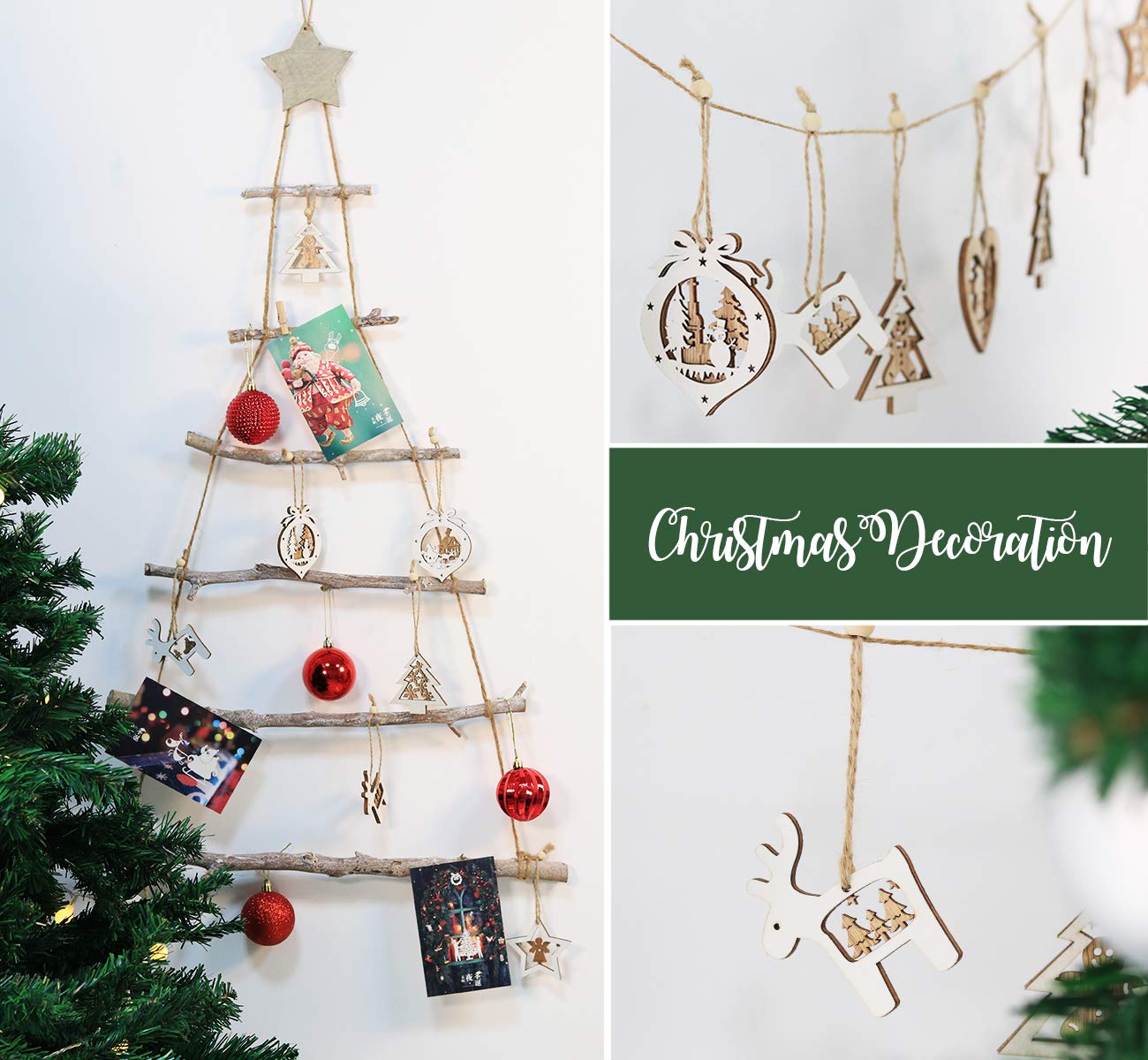 Litinliv Weihnachts Holzanhänger Set - 50 Stück Holzornamente Mit Juteschnur Zum Bemalen