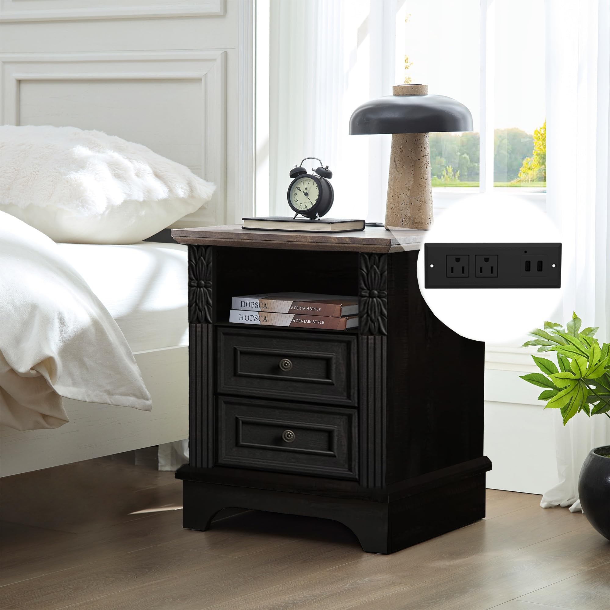 BOSHIRO Farmhouse Nightstand Black
