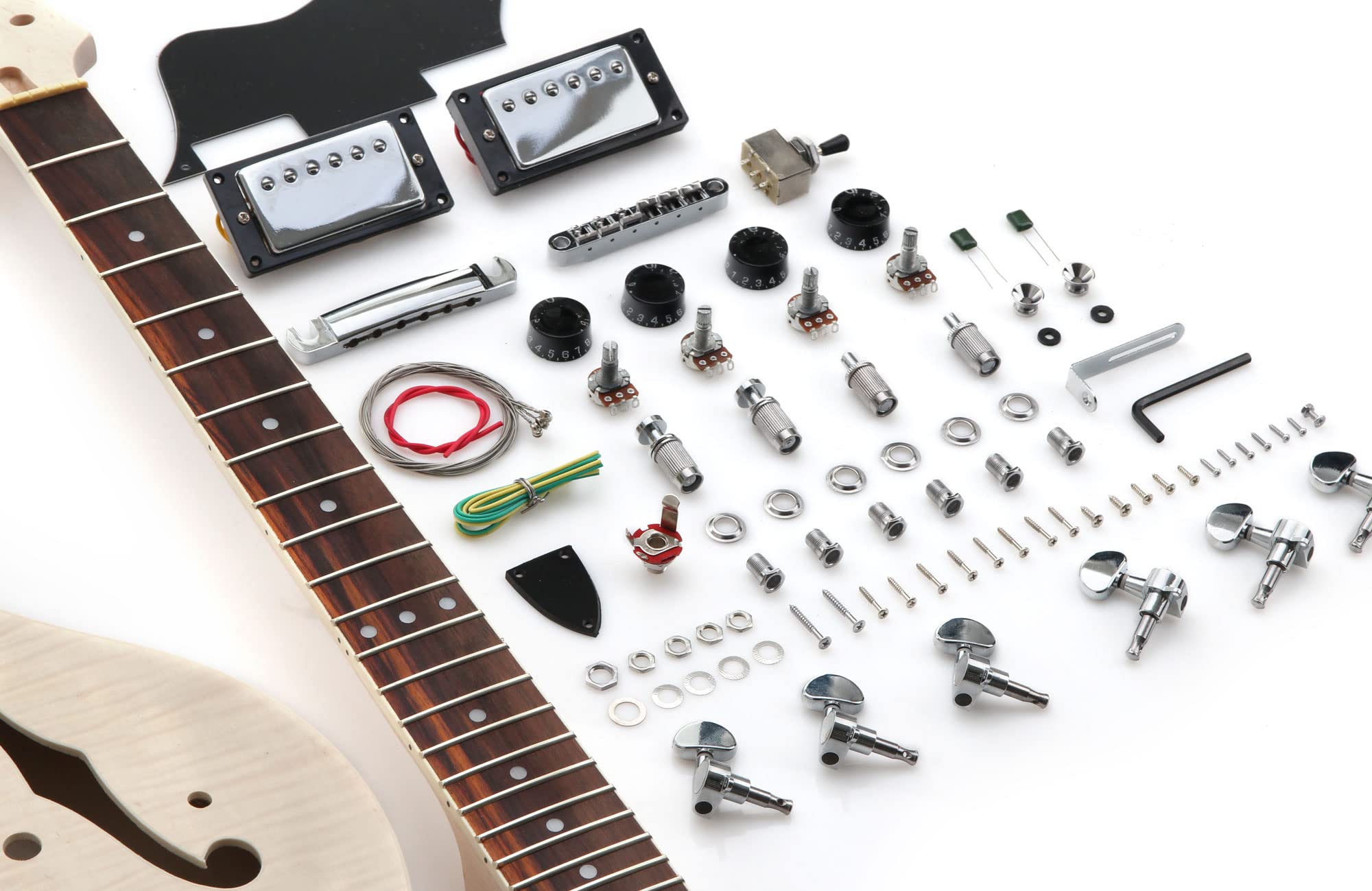 Kit Chitarra Elettrica Rocktile HB-Style, Semiacustica con sustainblock | Kit per chitarra elettrica 'do-it-yourself', Corpo: paulownia, Manico: acero da incollare, Tastiera: palissandro, 2 f-holes