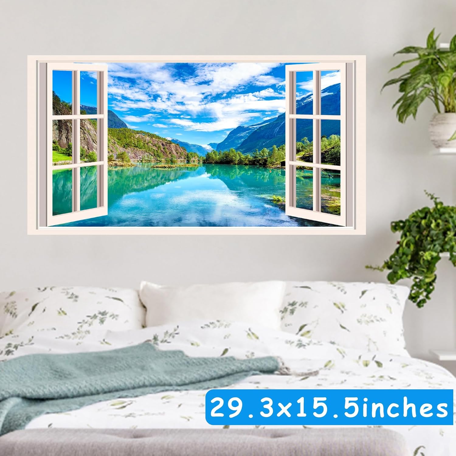 Kazova Faux Window Wall Decal 15.7x29.5 Inch Removable Peel and Stick Forest Lake Mountain Landscape Sticker for Windowless Rooms Bedroom Bathroom Decor