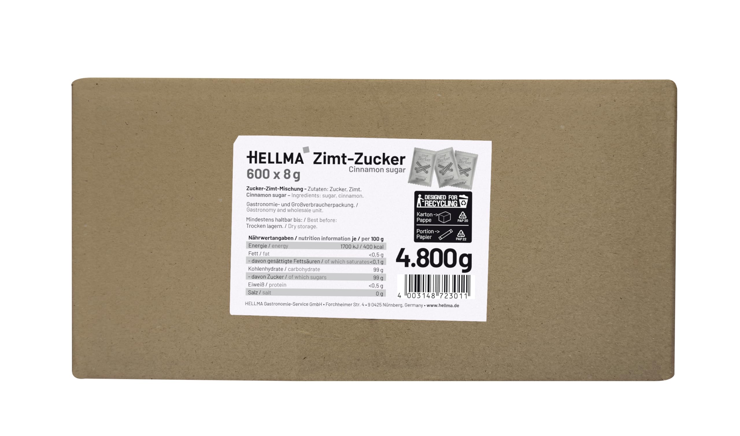 Hellma Zimt-Zucker 600 Stk. je 8 g – 4,8 kg Vorrats-Box - Zuckertütchen einzeln, für Gebäck, Kakao oder Milchspeisen