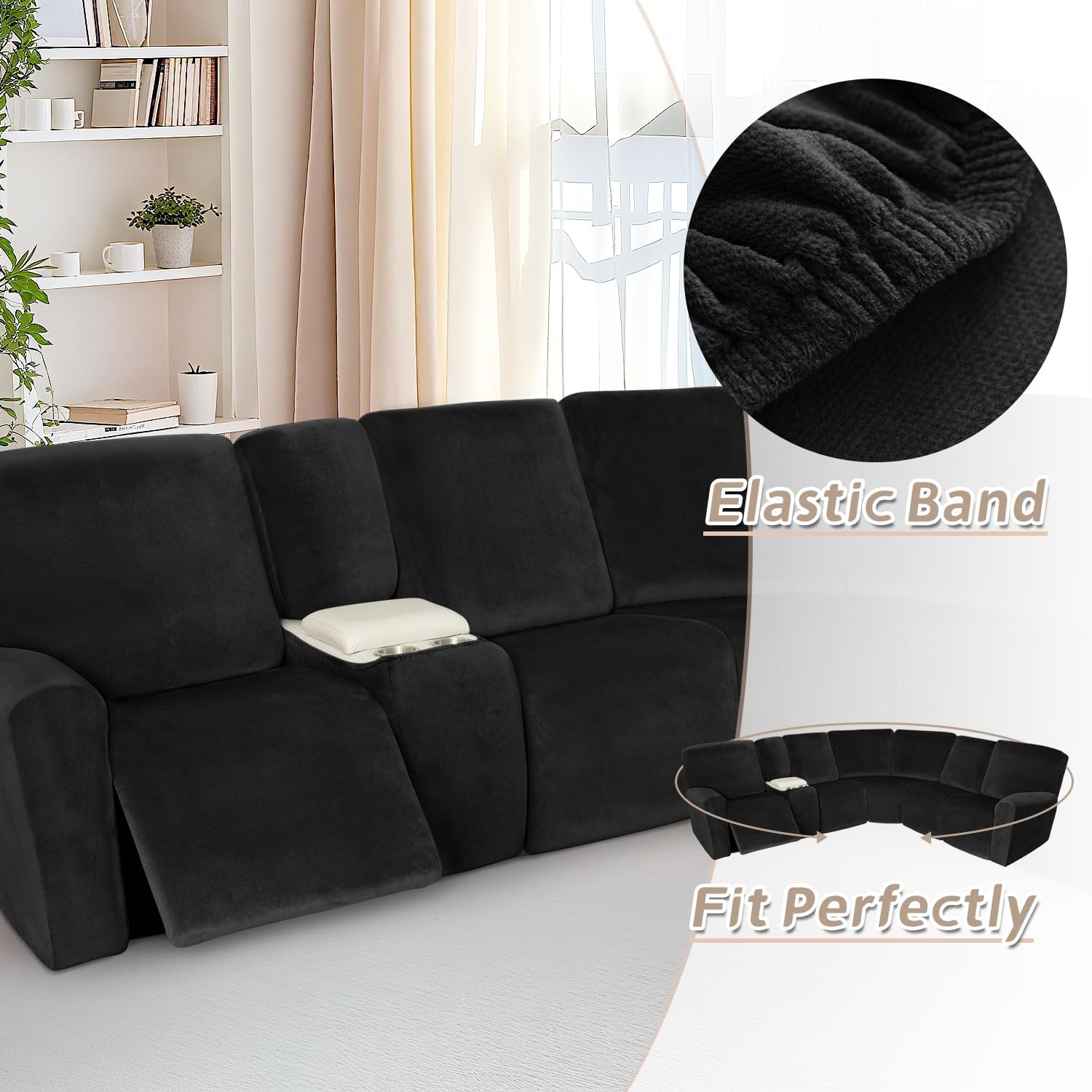 Arfntevss Sectional Recliner Couch Covers Velvet Washable Corner Sectional Sofa Cover for Reclining Couch Stretch Soft Thick L Shape Recliner Slipcover Set (5 Seat with 2 Console Cover, Black)
