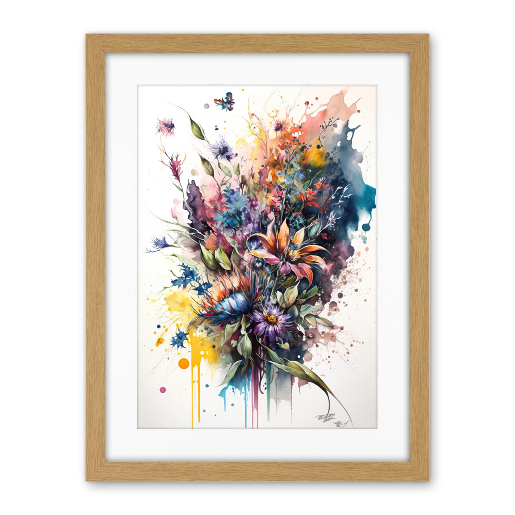 Artery8 Flower Bouquet Illustration over Watercolour Splat Artwork Framed Wall Art Print 18X24 Inch