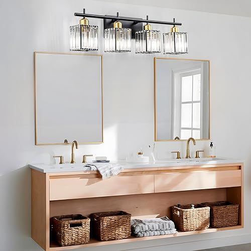 Miniatura 5 de Lámpara moderna de cristal de 28.2 pulgadas, 4 luces de tocador de baño, accesorios de iluminación de baño de cristal negro mate y dorado sobre el