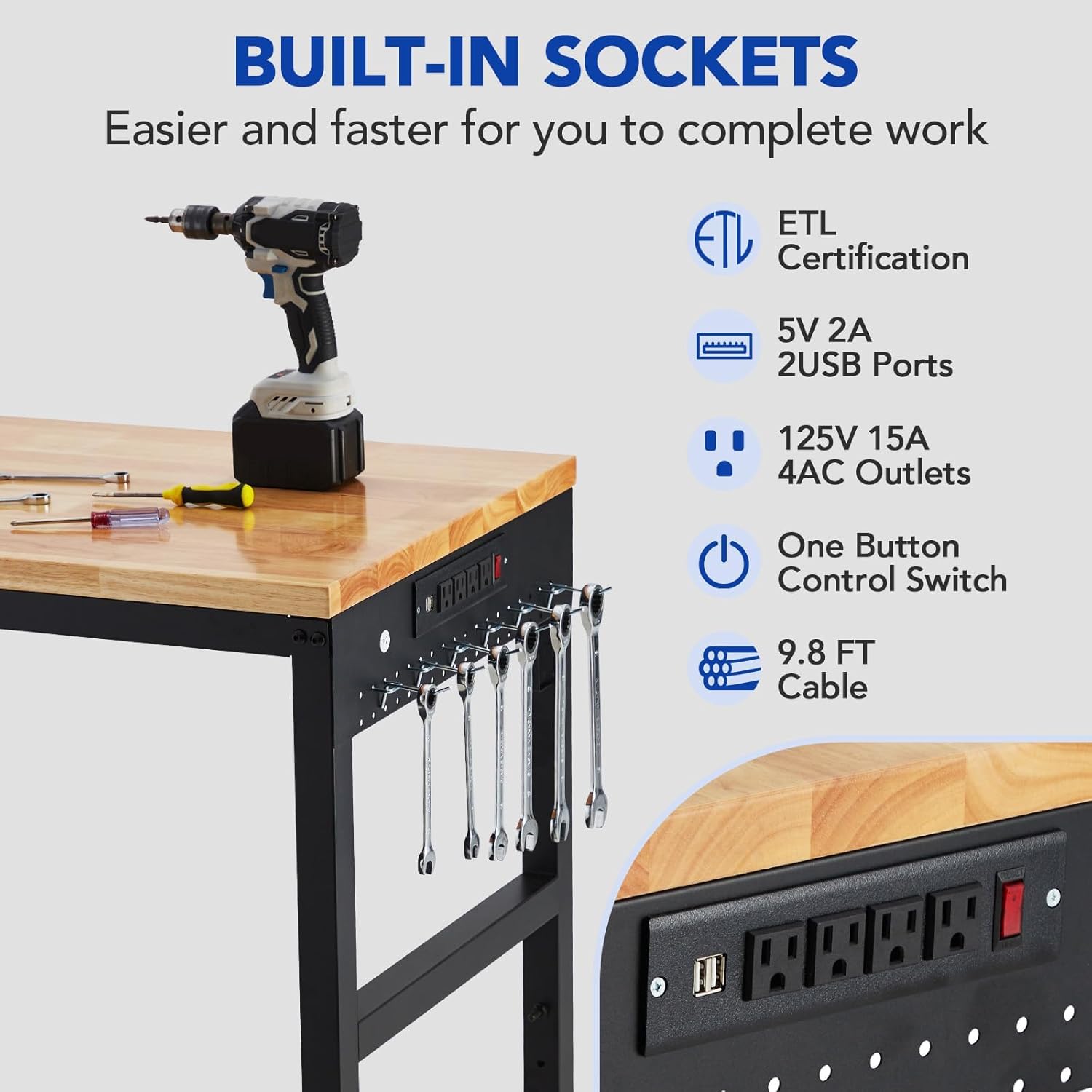 Workbench Adjustable 75 ft x 25 ft, 2000 LBS Load Capacity, 29.5 in-38.4 in Heights Garage Worktable with Universal Wheels & Power Outlet, Heavy-Duty Table for Workshop Office Home Commercial