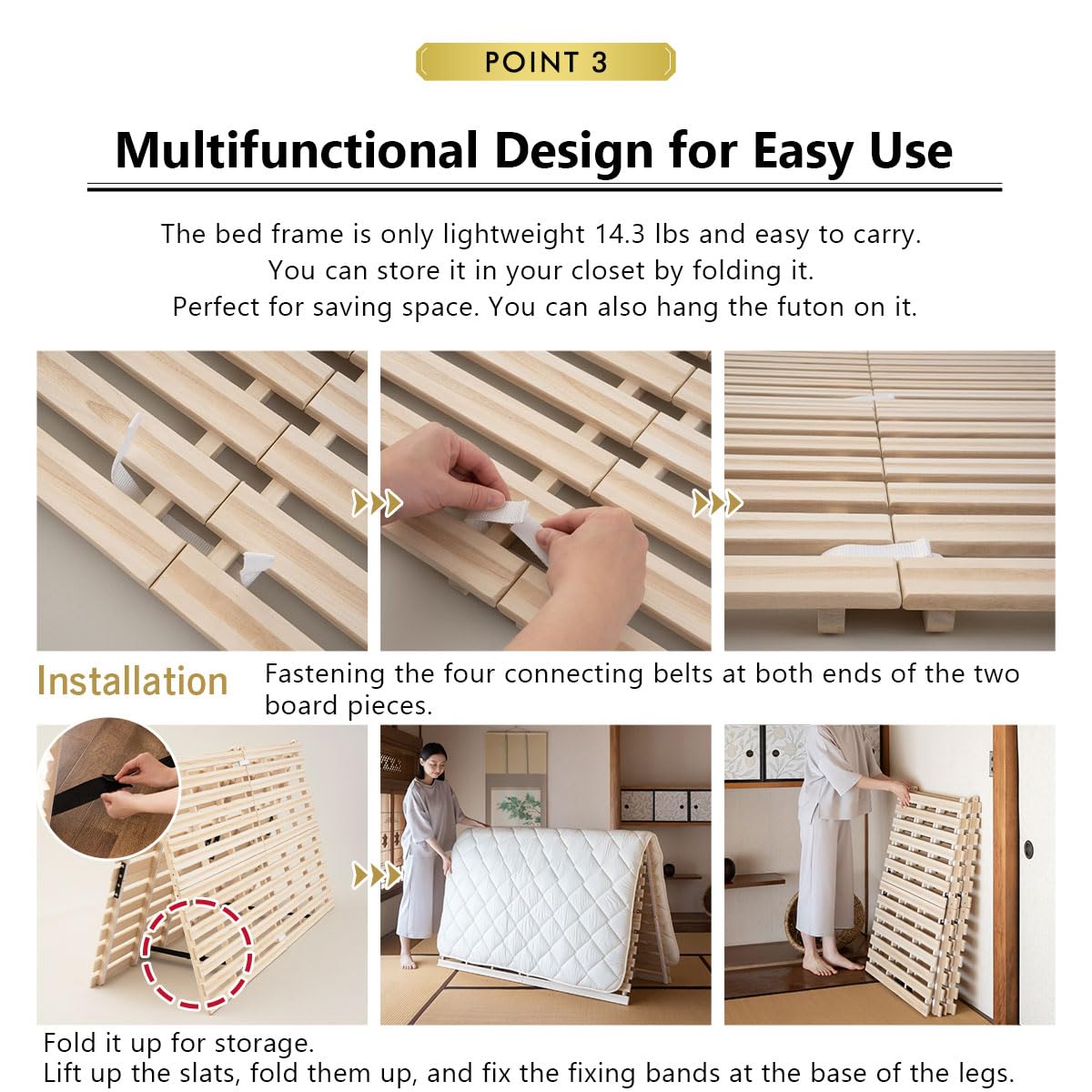 EMOOR Letto a Doghe Pieghevole in Legno FRANCO-TOWER 140 x 200 cm per Materasso Futon Giapponese (Naturale), Paulownia Non-Verniciato Letto da Pavimento Tatami Minimalista