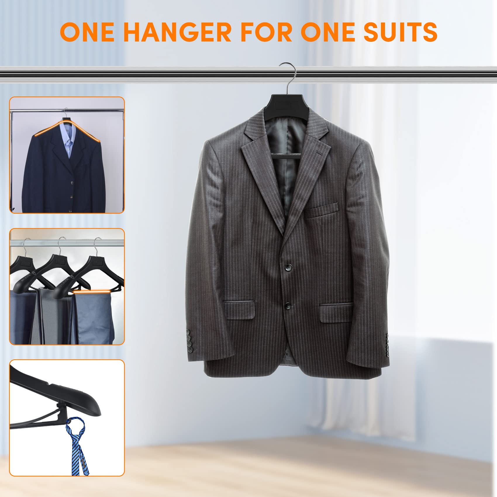 DEDU Perchas de Traje para Hombre, Paquete de 40, Perchas Extra Anchas Antideslizantes de 17.7 Pulgadas, Perchas Negras de plástico Grueso con Barra para Pantalones, Gancho de Metal Giratorio de 360°
