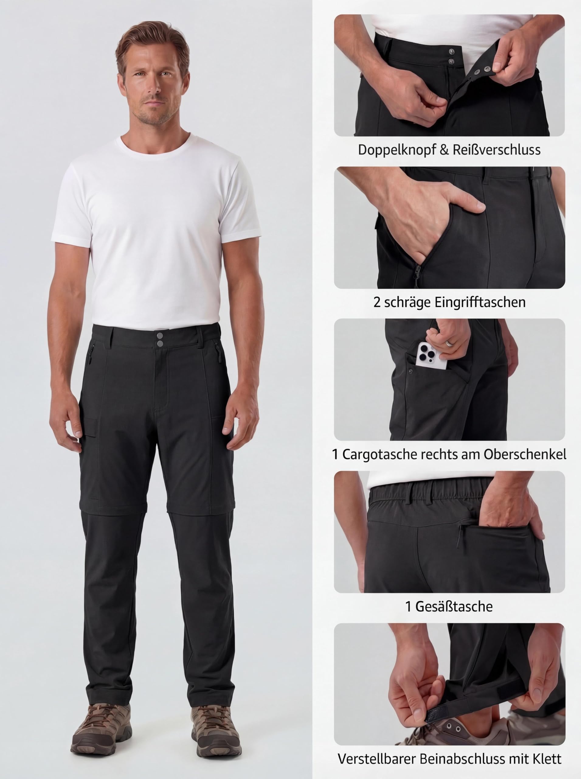 GymBrave Herren Wanderhose Zip-Off Trekkinghose Leicht Atmungsaktiv Outdoorhose Cargo Hose mit Vielen Taschen Sommer Arbeitshose für Wandern Trekking Camping