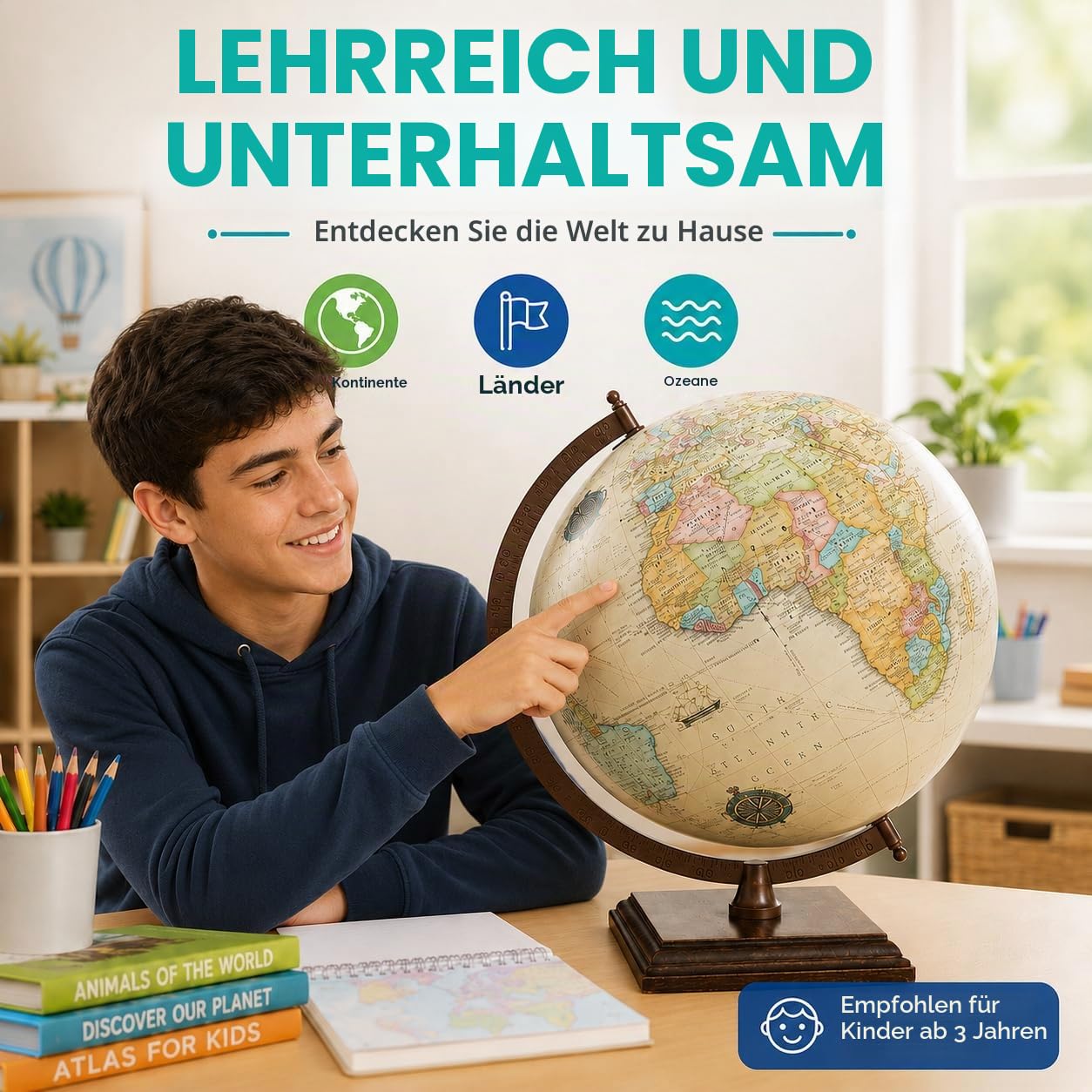 EXERZ 30cm antiker Globus mit quadratischem Holzsockel, moderne Karte in Vintage-Farben, handgefertigt | Handgefertigte Kugel für Zuhause, Büro, Arbeitszimmer und Lernen ab drei Jahren