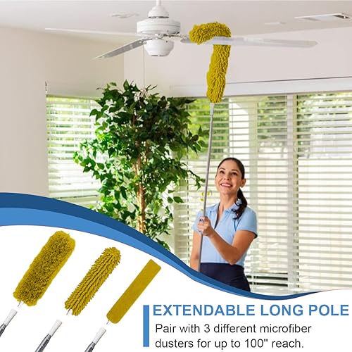 Miniatura 3 de Plumeros mejorados para limpieza (6 unidades), plumero de ventilador de techo con poste de extensión grueso de 100 pulgadas, plumero largo